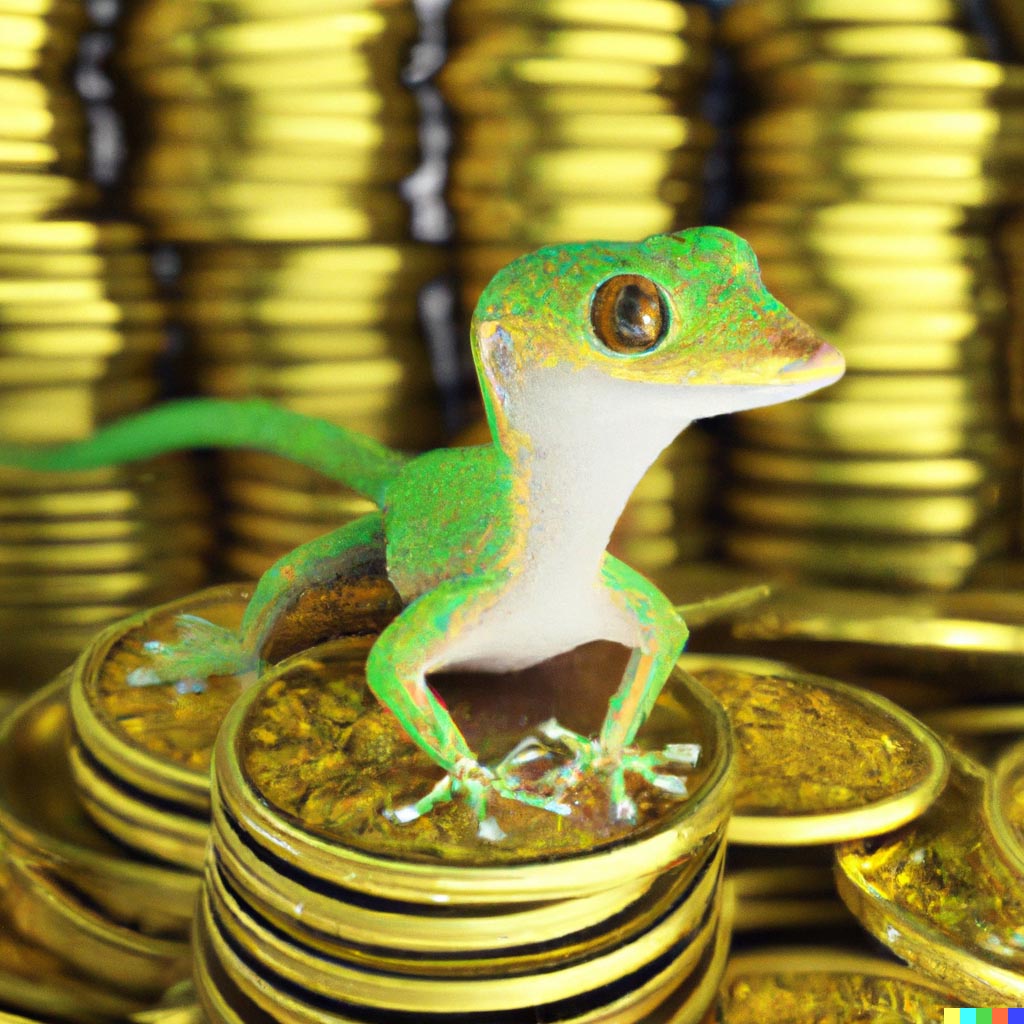 DALL·E prompt: Cute spotted green gecko lizard sitting on a pile of millions of gold coins, 3d render
